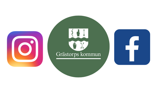 Grafik med Instagrams logga, Jobba i Grästorps kommuns profilbild, samt Facebooks logga. 