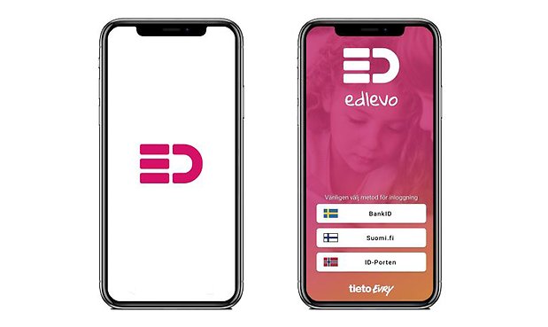 Bild på en mobiltelefon där Edlevo är öppet på skärmen. 