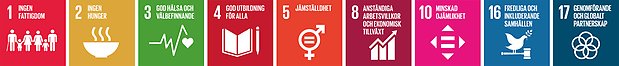 Ikoner för de globala målen för perspektivet välfärdsutveckling: 1, 2, 3, 4, 5, 8, 10, 16, 17