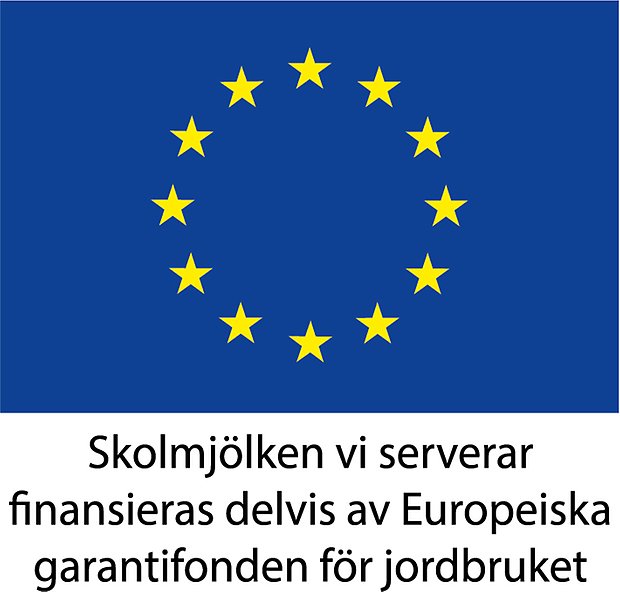 EU:s logga med texten "Skolmjölken som serveras här finansieras delvis av Europeiska garantifonden för jordbruk".