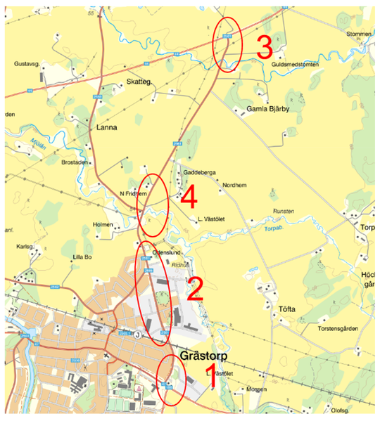 Karta med de inringade områderna som berörs av byggnation av förbifart Grästorp. 